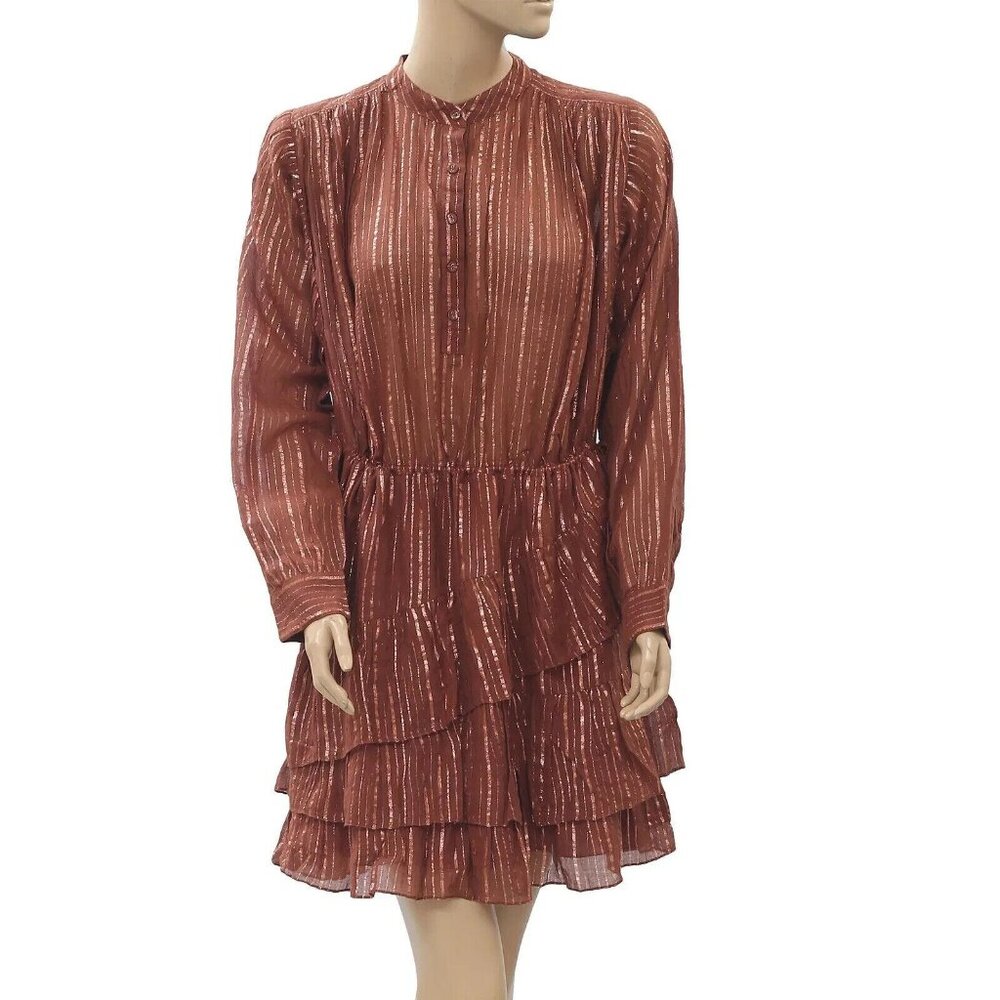 Ulla Johnson Della Metallic Striped Mini Dress Tiered Brown Resort S NEW 202577 - Picture 4 of 7